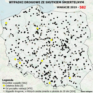 mapa polski z naniesionymi śmiertelnymi wypadkami