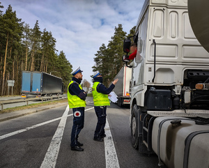 Policjanci kontrolują ciężarówki